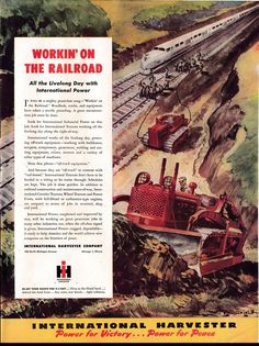 an old advertisement for the international harvester company, featuring men working on railroad tracks