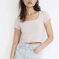 Madewell Pale Lilac Soft Square-Scoop Neckline Westville Crop Tee Top Brand New - Without Hang Tag/Paper Tag. The Brand Name Inside In Cut Out To Prevent Returns To The Retail Stores. Material - 58% Cotton, 39% Modal, 3% Elastane Made Of Ribbed Fabric That Has Hold-You-In/Hold-You-Up Power, This Supercropped Tee Has A Soft Square-Meets-Scoop Neckline And Cool Retro Stripes. Pairs Perfectly With High-Rise Denim Shorts. Fitted. Body Length From High Point Of Shoulder: 17 1/4" (Based On Size M). 58% Cotton/39% Tencel Modal/3% Elastane. Do Well: Crafted With Tencel Modal (Which Comes From Sustainable Beech Wood Using Recycled Chemicals). Machine Wash. Scoop Neck Tops For Day Out, Fitted Scoop Neck Top For Day Out, Casual Square Neck T-shirt For Everyday, Casual Square Neck T-shirt, Basic Square Neck Tops For Spring, Basic Square Neck Cotton Tops, Basic Scoop Neck Tops For Day Out, Pale Lilac, Madewell Top