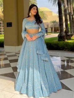 Welcome to The Grand Trunk USA Here is the latest Designer Women's Ethnic Wear. 📌 Un-stitched items will be dispatched in 1 day 🎁 Product Specification Material : Georgette Work : Sequins, Resham, Foil Mirror Size : Semi Stitched (Blouse Unstitched) Color : Blue Sky Blue Traditional Outfit, Sky Blue Lehenga Wedding, Blue Lehenga Designs, Sky Blue Lehenga, Lehenga Blue, Indian Fits, Orang India, Bridesmaid Lehenga, Lehenga Design