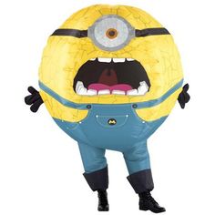 an inflatable yellow and blue costume with big eyes, mouth wide open to the side