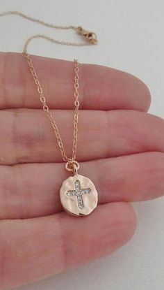 Rose Gold Cross Necklace | Cubic Zirconia Cross Handmade Jewelry by MarciaHDesigns | First Communion Gift Ideas Hammered Cross Pendant Necklace For Gift, Hammered Cross Necklace For Gift, Hammered Cross Pendant Jewelry As A Gift, Hammered Cross Jewelry Gift, Hammered Cross Jewelry For Gift, Hammered Cross Jewelry As A Gift, First Communion Gift Ideas, 1st Communion, Necklace Cross