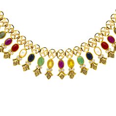 Virani Jewelers presents to you a beautiful 22k yellow gold necklace adorned with gemstones that are both luxurious and timeless. This vibrant gold necklace is adorned with rubies, emeralds, pearls, and cubic zirconia, each gemstone adding its unique charm to the piece. Perfect for special occasions or as an everyday statement, this gold and gemstone necklace is a true representation of Indian gold jewelry, reflecting the beauty and tradition of 22k gold jewelry in every detail.Features• 22k yel 22k Gold Multi-stone Necklace, 22k Gold Multi-stone Temple Necklace, 22k Gold Multi-stone Temple Jewelry Necklace, Multicolor 22k Gold Necklaces For Celebration, Yellow Gold Jeweled Necklace For Celebration, Traditional Multi-stone 22k Gold Necklace, Traditional 22k Gold Multi-stone Necklaces, Festive Yellow Gold Emerald Necklace With Gemstone, Traditional Yellow Gold Multi-stone Necklace