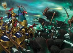 an image of a group of people on horses in the middle of a battle with monsters