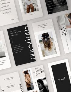 many different brochures are shown on a white background with black and white photos