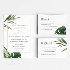 wedding stationery with tropical leaves and gold foil