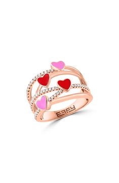 Celebrate your love with this romantic 14-karat rose gold ring showcasing a caged band with enamel hearts and sparkling diamonds. 1/2" ring face Total diamond weight: 0.29ct. 14k gold/enamel/diamond Made in the USA Diamond Guide Anniversary Rose Gold Enamel Ring Fine Jewelry, Valentine's Day Enamel Heart Ring For Anniversary, Heart Diamond Ring, Jewelry Design Drawing, Diamond Heart Ring, Jewelry Accessories Ideas, Heart Diamond, Diamond Guide, Accessories Ideas