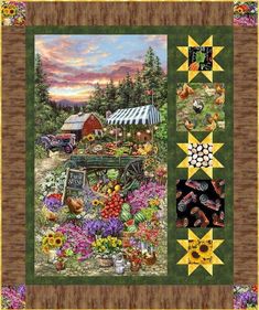 a quilt with flowers and farm animals on it's border, in front of a barn