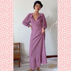 Body Is Unlined And Skirt Part Is Lined Lavender Long Sleeve Midi Dress For Summer, Purple Long Sleeve Ruffled Maxi Dress, Purple Ruffled Midi Dress For Daywear, Purple Long Sleeve Maxi Dress With Ruffles, Purple Midi Dress With Ruffles For Daywear, Feminine Purple Midi Dress, Mauve V-neck Midi Dress, Feminine Purple Long Sleeve Maxi Dress, Chic Mauve Midi Dress For Brunch