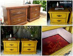 four different pictures of yellow dressers with red and gold designs on them, including one in the middle