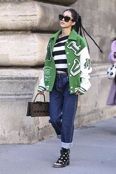 Letterman Jacket Outfit, University Jacket, Neon Pumps, Baseball Jacket Outfit, Varsity Jacket Outfit, Street Style Paris Fashion Week, Swishy Pants, Varsity Jacket Women, Transitional Dressing