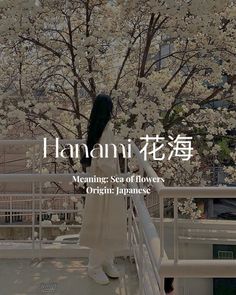 a woman standing on top of a bridge next to a tree with white flowers in the background