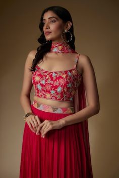 Pink pleated flare lehenga with embroidered waistband. Paired with a padded blouse with floral, sequin embroidery and embroidered dupatta. - Aza Fashions Fitted Sleeveless Dress With Cutdana, Sleeveless Choli For Reception, Fitted Sleeveless Designer Tops, Fitted Sleeveless Tops With Motifs, Red Fitted Sleeveless Lehenga, Fitted Sleeveless Sets With Cutdana, Fitted Sleeveless Sets With Cutdana Details, Fitted Sleeveless Wedding Sets, Sleeveless Choli With Motifs For Wedding