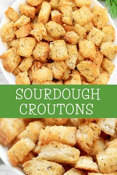 a white bowl filled with sourdough croutons on top of a table