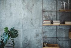 a room with concrete walls and shelves filled with books, plants and other things on it