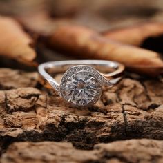 a diamond ring sitting on top of a piece of wood next to some ginger stalks