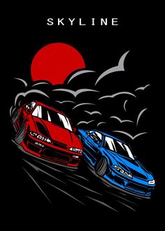 two cars driving down the road in front of a red and blue car on a black background