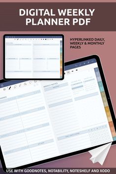 the digital weekly planner is on top of an ipad and tablet with it's screen open