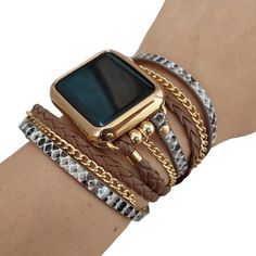 Add a touch of bohemian charm to your Apple Watch with our Boho Chic Layered Watch Bracelet. Crafted with high-quality snake print vegan leather and accentuated with a trendy chain detail, this bracelet effortlessly combines style and versatility. Compatible with all Apple Watch series and sizes, it's the perfect accessory to enhance your wrist-wear. Perfect gift for loved ones, friends or family member. Will create unforgettable memory if giving for Christmas, Birthday, Thanksgiving or any othe Trendy Adjustable Chain Watch Bands, Adjustable Chain Watch Bands As Gift, Trendy Adjustable Chain Apple Watch Band, Brown Apple Watch Band, Trendy Gold Watch Accessories With Leather Strap, Trendy Gold Watch With Leather Strap, Trendy Gold Watch Band With Leather Strap, Trendy Gold Leather Strap Watch Band, Trendy Leather Strap Jewelry