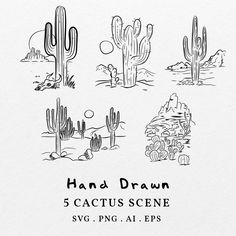 the hand drawn cactus scene is shown in black and white, with different types of cacti