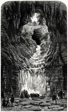 an old black and white drawing of people in front of a waterfall with water coming from it