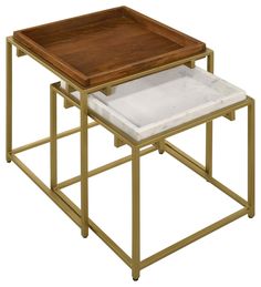 two nesting tables with marble top and gold frame legs, one on the other side