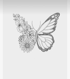 a black and white drawing of a butterfly with flowers