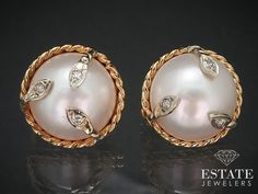 Cute large button gold earrings with lustrous mabe pearls set on them. Approximately .12ctw of diamond accents set on the face. SI-I1 clarity with HI color. 18mm wide settings. stamped 14k Mabe Pearl, Pearl Set, Pearl Diamond, Jewelry Earrings Studs, Vintage Watches, Antique Jewelry, Vintage Antiques, The Face, Gold Earrings