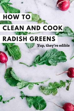 radishes and leaves with text overlay how to clean and cook radish greens