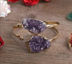 Amethyst Druzy Bracelets Geode Ring, Crystal Cuff Bracelet, Purple Quartz, Amethyst Gold, Amethyst Geode, T B, Gold Cuffs, Amethyst Bracelet, Amethyst Quartz