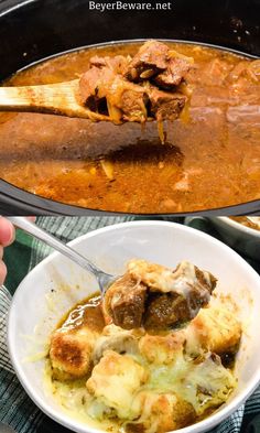 a bowl filled with meat and gravy on top of a table