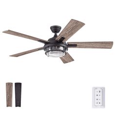 a ceiling fan with three wooden blades and a light fixture in the middle of it