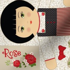 a paper doll with roses and stockings on it's feet, next to a card that says rose