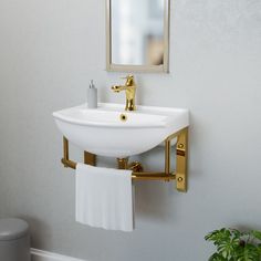 a bathroom with a sink, mirror and towel rack on the wall next to a potted plant