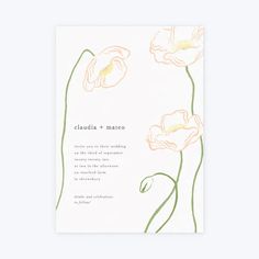 a wedding card with pink flowers on the front and green leaves on the back, which reads claudia + marco