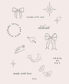 hand drawn doodles with words and bows on them that say, made with love