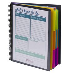 a spiral bound notebook with notes on the front and back pages in assorted colors