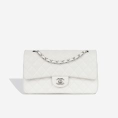 Chanel Flap Bag White, White Luxury Bag, Chanel Classic Flap Bag, Legends Never Die, Chanel Flap Bag, Classic Flap Bag, Handbag Collection, White Handbag, Leather Silver