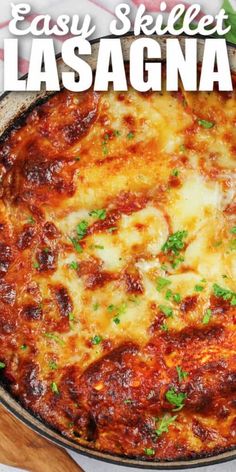 an easy skillet lasagna recipe with cheese and parsley on the side