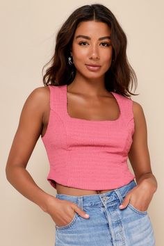 Cheers to romantic date nights and looking too cute in the Lulus Chic Endearment Pink Textured Square Neck Cropped Tank Top! Textured knit fabric shapes this must-have top that features a sleeveless, princess-seamed bodice, a trendy square neckline, and wide straps. The fitted silhouette ends at a rounded, cropped hem. Hidden side zipper. Fit: This garment fits true to size. Length: Size medium measures 18.25" from shoulder to hem. Bust: Great for any cup size. Waist: Fitted - stretchy fabric al Sleeveless Crop Top Outfit, Crop Top Outfit Ideas, Top Outfit Ideas, Crop Top Outfit, Festival Fits, Effortless Outfit, Casual Bottoms, Romantic Date, Casual Wedding Dress