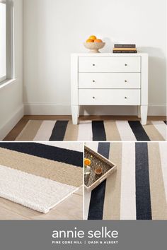 a white dresser sitting on top of a wooden floor next to a basket filled with oranges