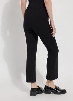 Offering a shorter, 27.5-inch inseam, the Ankle Elysse is the perfect fit-and-flare pant for shorter women. Made from 4-way stretch Ponte, the Ankle Elysse skims the hips and thighs before falling into a fit-and-flare leg. Showcasing a concealed patented waistband and front pintucks, the Ankle Elysse coordinates beautifully with tucked shirts, like our Connie Slim Button Down, cropped jackets and mules. Ponte- 67% Viscose, 28% Nylon, 5% Spandex Lyssé Fit 360° Smoothing Lyssé concealed patented w Pants For Short Women, Cropped Jackets, Ponte Fabric, Perfect Pant, Ponte Pants, Black 13, Denim Leggings, Ankle Pants, Crop Jacket