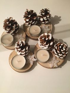 pine cones and candles are arranged on wooden holders