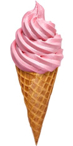 an ice cream cone with pink icing in it's cone, on a white background