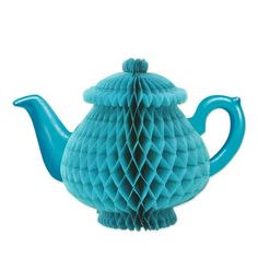 a blue teapot shaped like a honeycomb