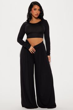 Available In Black, Blue, And Burgundy. Pant Set Long Sleeve Boatneck Low Back Wide Leg Stretch 95% Rayon 5% Spandex Imported | Robyn Pant Set in Black size Small by Fashion Nova Versatile Wide Leg Black Leggings, Versatile Black Wide Leg Leggings, Leg Stretching, Boat Neck, Matching Sets, Fashion Nova, Pants Set, Black Fashion, Clothing And Shoes