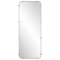 a large rectangular mirror with brass studs on the frame and bottom edge, against a white background