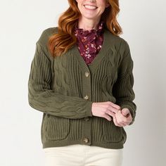 This women's v-neck cardigan by St. John's Bay is made from a soft cotton-blend in a cable-knit design, featuring a button-front closure, front pockets, and ribbed trims. Wear this essential style with a t-shirt underneath and jeans.Features: EssentialsClosure Type: ButtonFit: Regular FitNeckline: V NeckPockets: 2 Front Slip PocketsSleeve Length: Long SleeveSleeve Style: Fitted SleeveApparel Length: 24 InchesFiber Content: 60% Cotton, 40% AcrylicFabric Description: KnitCare: Machine WashCountry Cotton Cable Knit Cardigan For Work, True Autumn, Cardigan Green, Fall Color Palette, Large Sweaters, Small Sweater, Button Cardigan, V Neck Cardigan, Knitting Designs