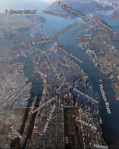 an aerial view of a city with lots of red dots on the water and land