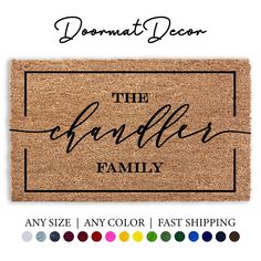 personalized door mat with the name and date on it in black ink, surrounded by color