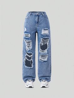 Vintage Streetwear Fashion Loose Ripped Flare Leg  Jeans For Teen Girls Medium Wash    Denim Plain Straight Leg Non-Stretch  Teen Girls Clothing, size features are:Bust: ,Length: ,Sleeve Length: Jeans Different Colors, Cute Pants For School, Ripped Jeans For Kids, Ripped Jeans For Girls, Cheap Faded Ripped Jeans, Shein High Waisted Graphic Ripped Jeans, Dark Ripped Jeans, Cute Jeans Outfit, Ripped Jeans For Kids 10-12